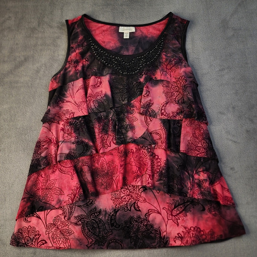 Dressbarn Y2K Womens 1X Ruffle Tank Top Red Black Floral Beaded Neck Sleeveless